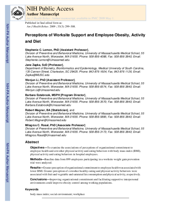 (PDF) Perceptions of Worksite Support and Employee Obesity, Activity ...