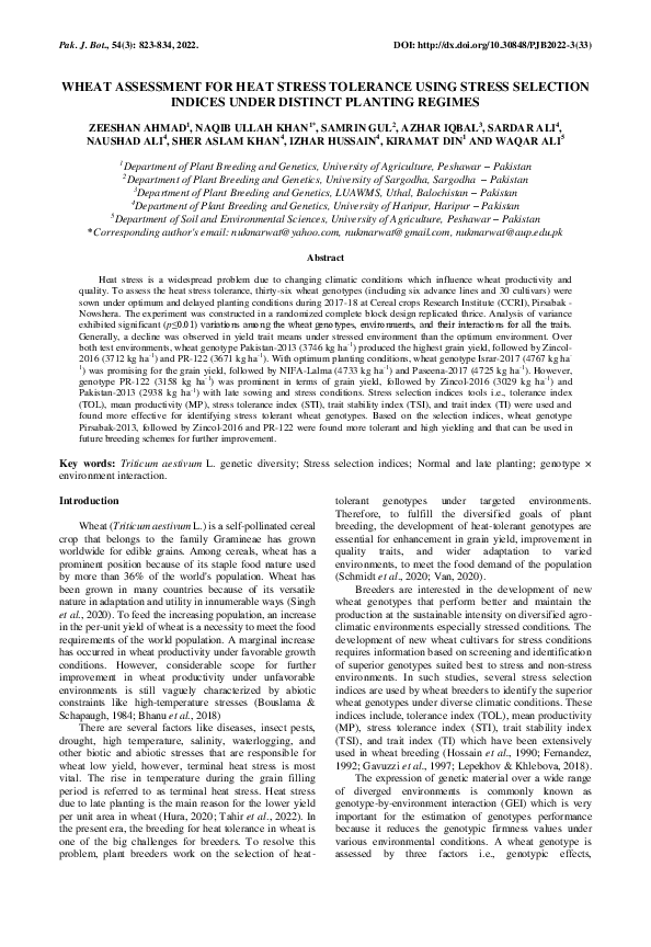 (PDF) Wheat assessment for heat stress tolerance using stress selection ...