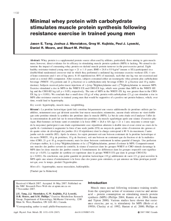 (PDF) Minimal whey protein with carbohydrate stimulates muscle protein ...