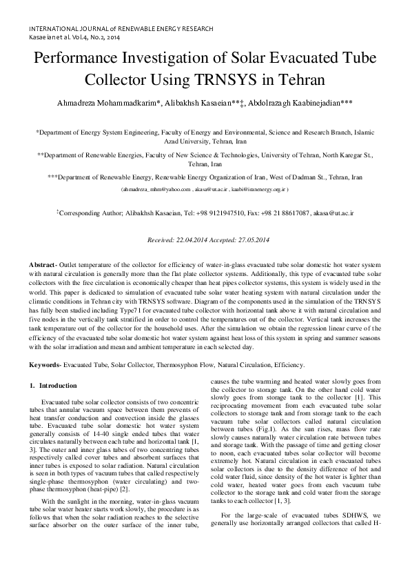 (PDF) Performance Investigation of Solar Evacuated Tube Collector Using ...