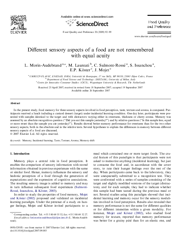 (PDF) Different sensory aspects of a food are not remembered with equal ...