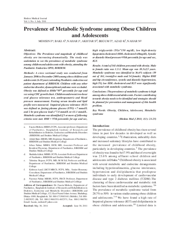 (PDF) Prevalence of Metabolic Syndrome among Obese Children and Adolescents