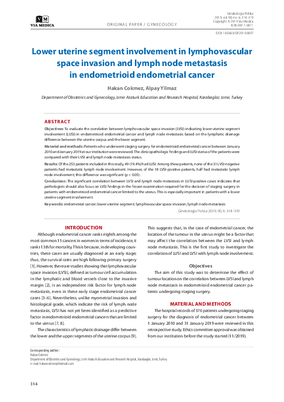 (PDF) Lower uterine segment involvement in lymphovascular space ...