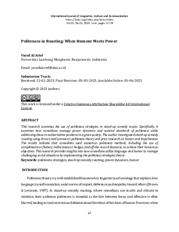 (PDF) Politeness in Roasting: When Humour Meets Power