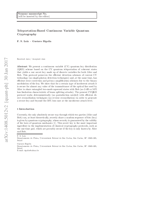 (PDF) Teleportation-based continuous variable quantum cryptography