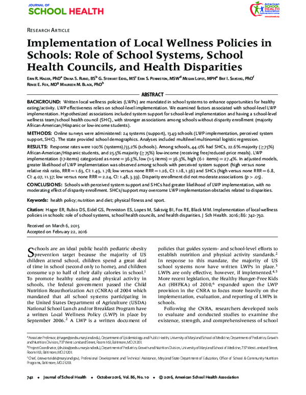 (PDF) Implementation of Local Wellness Policies in Schools: Role of ...