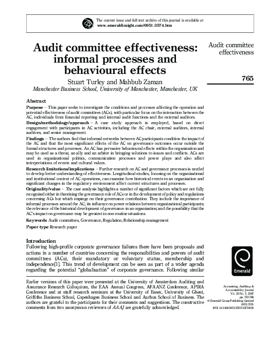 (PDF) Audit committee effectiveness: informal processes and behavioural ...