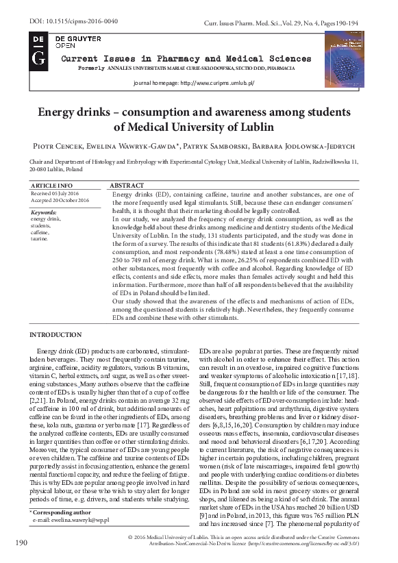 (PDF) Energy drinks – consumption and awareness among students of ...