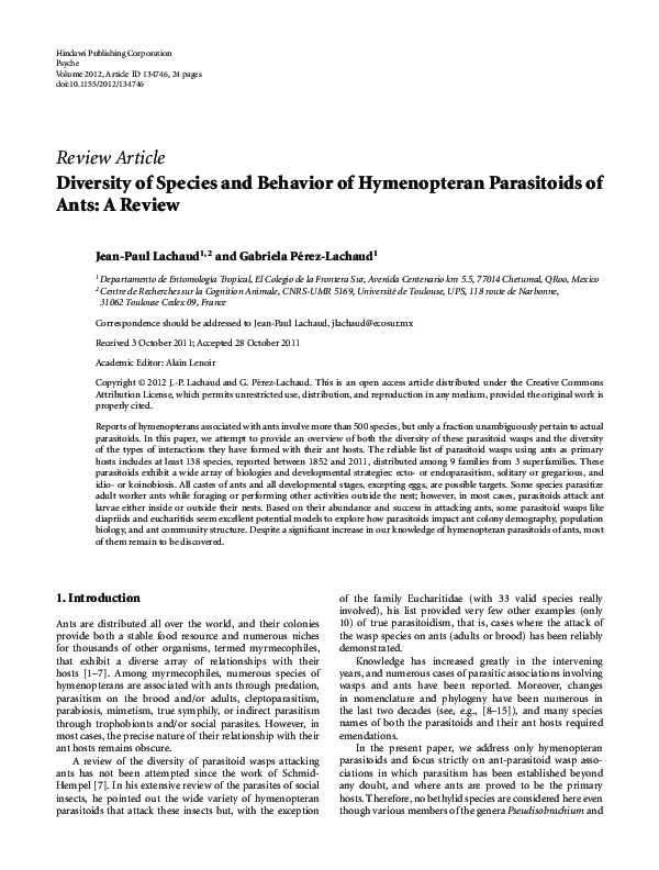 (PDF) Diversity of Species and Behavior of Hymenopteran Parasitoids of ...