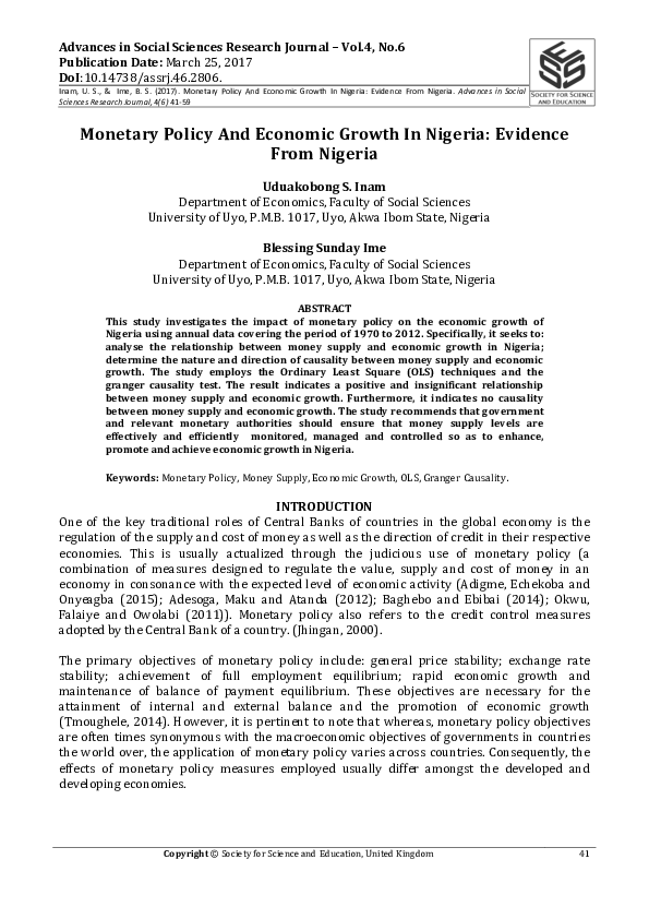 (PDF) Monetary Policy And Economic Growth In Nigeria: Evidence From Nigeria