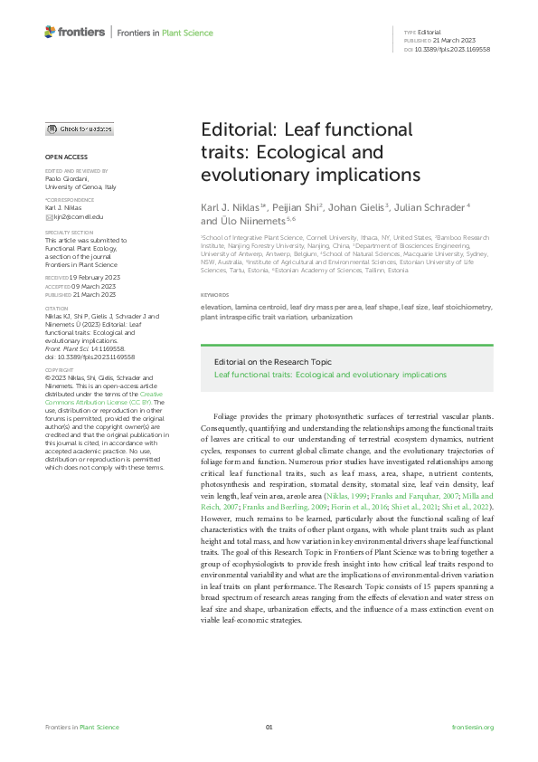 (PDF) Editorial: Leaf functional traits: Ecological and evolutionary ...