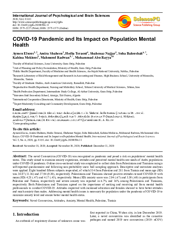 (PDF) COVID-19 Pandemic and Its Impact on Population Mental Health