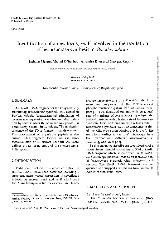 (PDF) Identification of a new locus, sacV , involved in the regulation ...