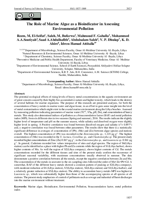 (PDF) The Role of Marine Algae as a Bioindicator in Assessing ...