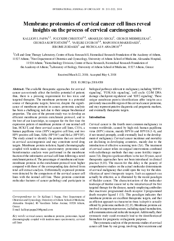 (PDF) Membrane proteomics of cervical cancer cell lines reveal insights ...