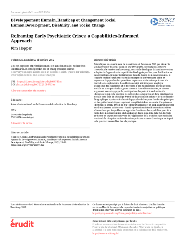 (PDF) Reframing Early Psychiatric Crises a CapabilitiesInformed