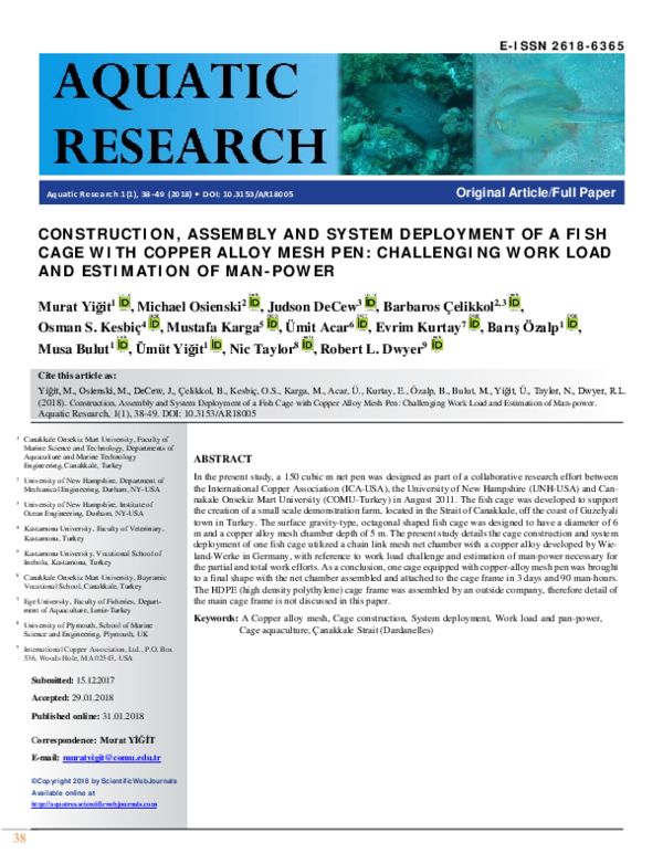 First page of “Construction, Assembly and System Deployment of a Fish Cage with Copper Alloy Mesh Pen: Challenging Work Load and Estimation of Man-Power”