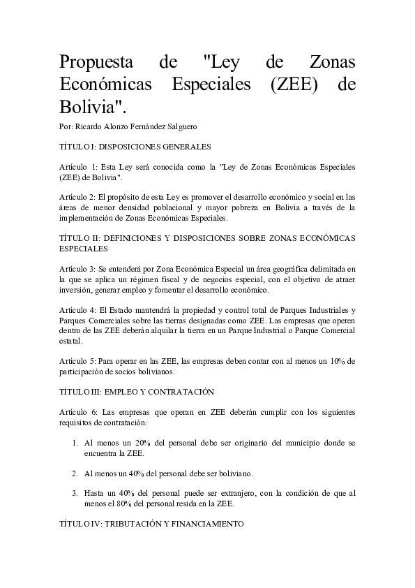 (DOC) Propuesta de Ley de Zonas Economicas Especiales ZEE de Bolivia