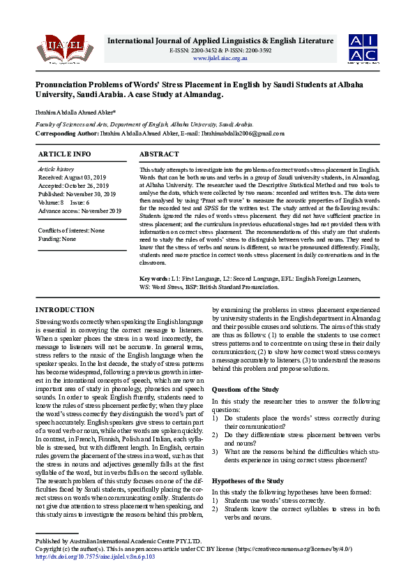 (PDF) Pronunciation Problems of Words’ Stress Placement in English by ...