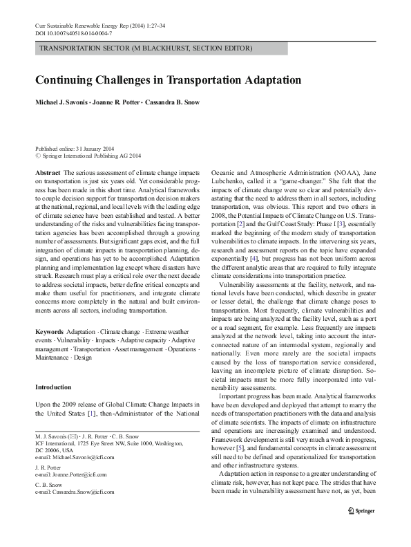 (PDF) Continuing Challenges in Transportation Adaptation