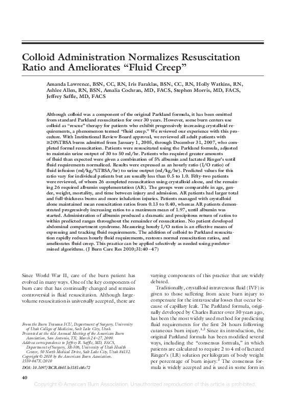 (PDF) Colloid Administration Normalizes Resuscitation Ratio and