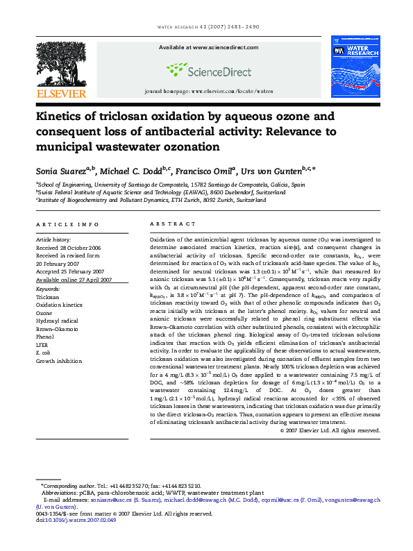 (PDF) Kinetics of triclosan oxidation by aqueous ozone and consequent ...