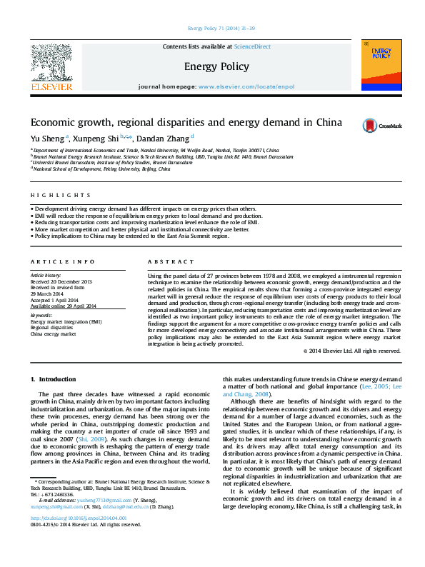 (PDF) Economic growth, regional disparities and energy demand in China
