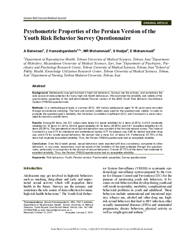 (PDF) Psychometric properties of the persian version of the youth risk ...