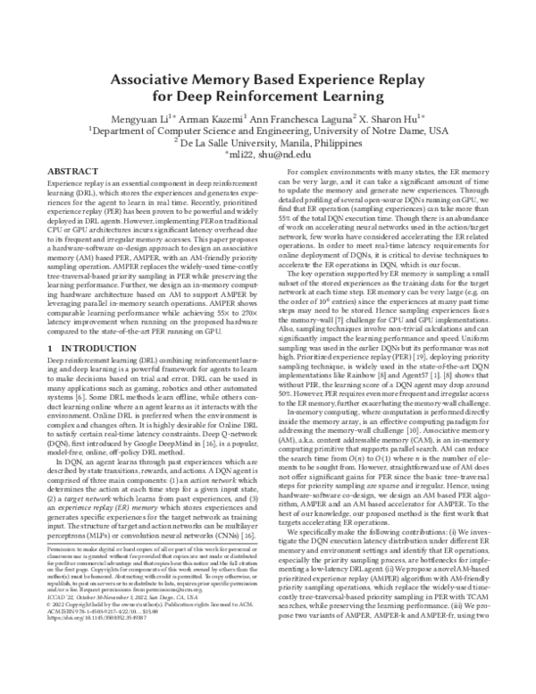 (PDF) Associative Memory Based Experience Replay for Deep Reinforcement ...