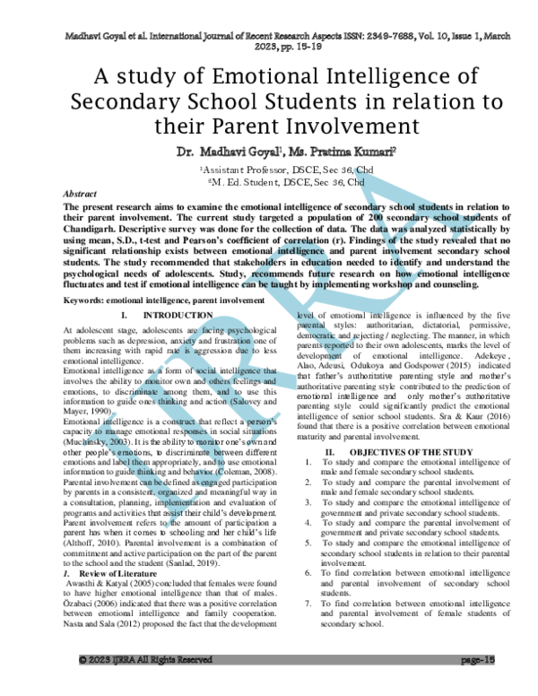 (PDF) A study of Emotional Intelligence of Secondary School Students in ...