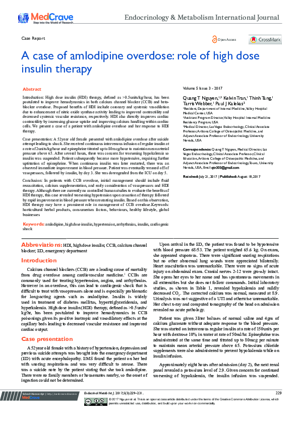 (PDF) A Case of Amlodipine Overdose: Role of High Dose Insulin Therapy