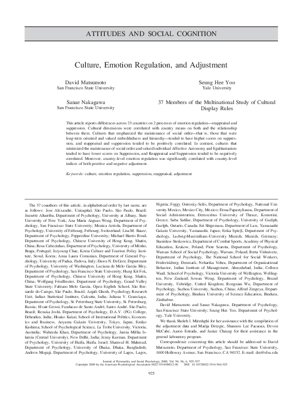 (PDF) Culture, emotion regulation, and adjustment Aaron misael