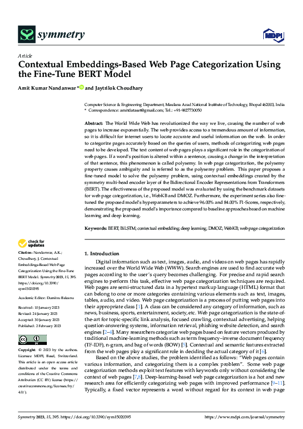 (PDF) Contextual Embeddings-Based Web Page Categorization Using the ...