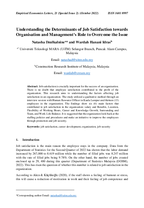 (PDF) Understanding the Determinants of Job Satisfaction towards ...
