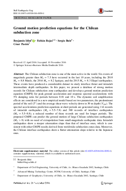 (PDF) Ground motion prediction equations for the Chilean subduction zone
