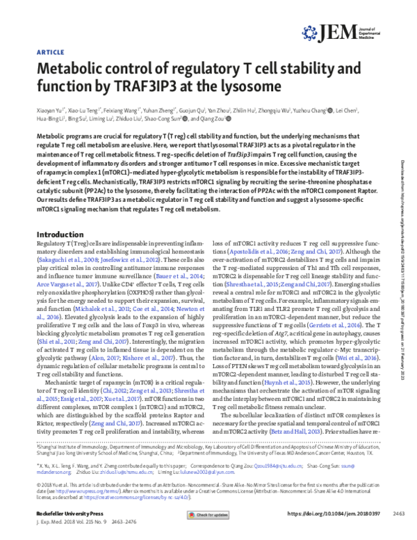 (PDF) Metabolic control of regulatory T cell stability and function by ...