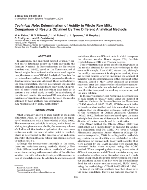 (PDF) Technical note: Determination of acidity in whole raw milk ...