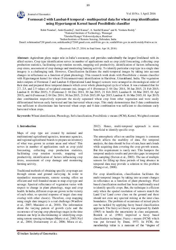 (PDF) Indian Society of Geomatics Formosat-2 with Landsat-8 temporal ...