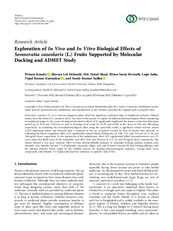 Exploration of In Vivo and In Vitro Biological Effects of Sonneratia caseolaris (L.) Fruits Supported by Molecular Docking and ADMET Study