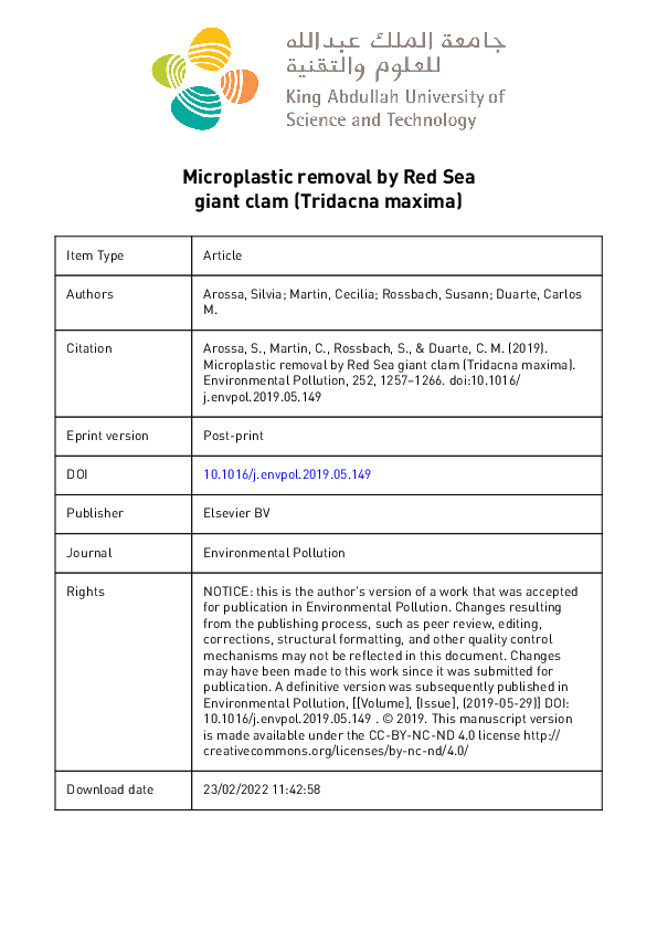 (PDF) Microplastic removal by Red Sea giant clam (Tridacna maxima)
