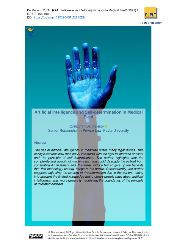 (PDF) Artificial Intelligence and Self-determination in Medical Field