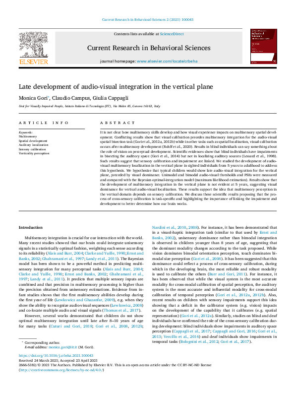 (PDF) Late development of audio-visual integration in the vertical plane