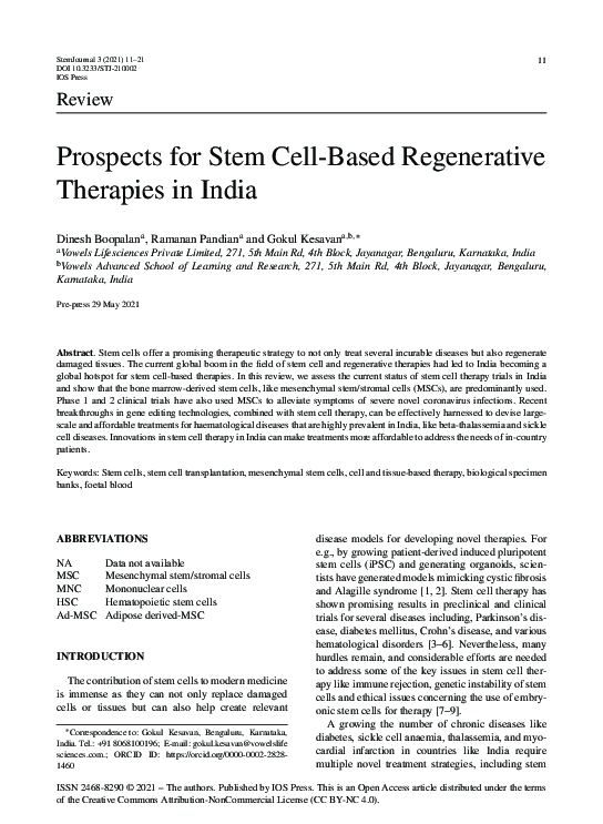 (PDF) Prospects for Stem Cell-Based Regenerative Therapies in India