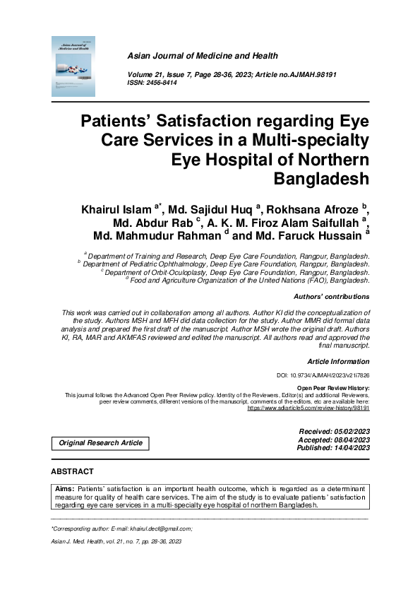 (PDF) Patients’ Satisfaction regarding Eye Care Services in a Multi ...