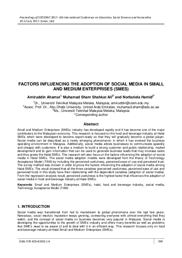 (PDF) Factors Influencing the Adoption of Social Media in Small and ...
