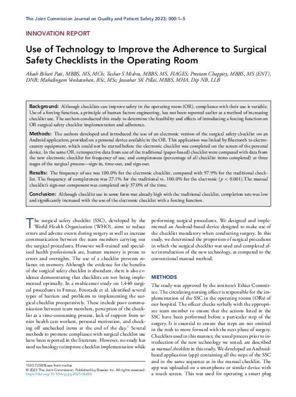 (PDF) Use of Technology to Improve the Adherence to Surgical Safety ...