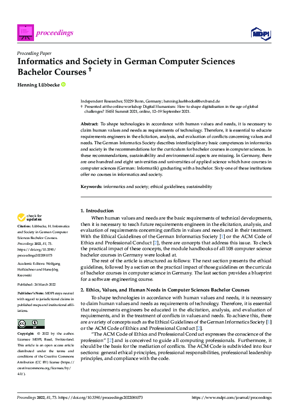 (PDF) Informatics and Society in German Computer Sciences Bachelor Courses
