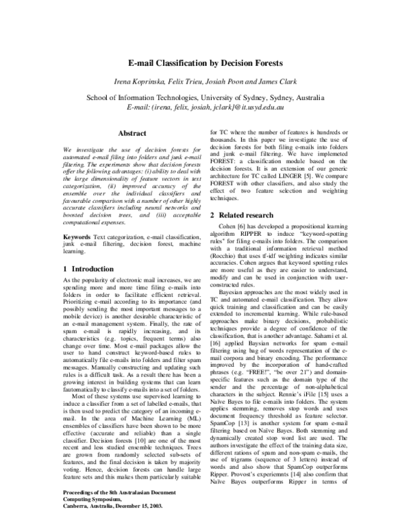 (PDF) E-mail classification by decision forests | Josiah Poon ...