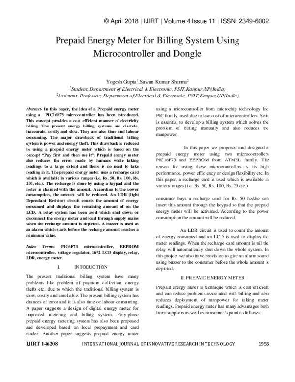 (PDF) A prepaid energy meter for billing system