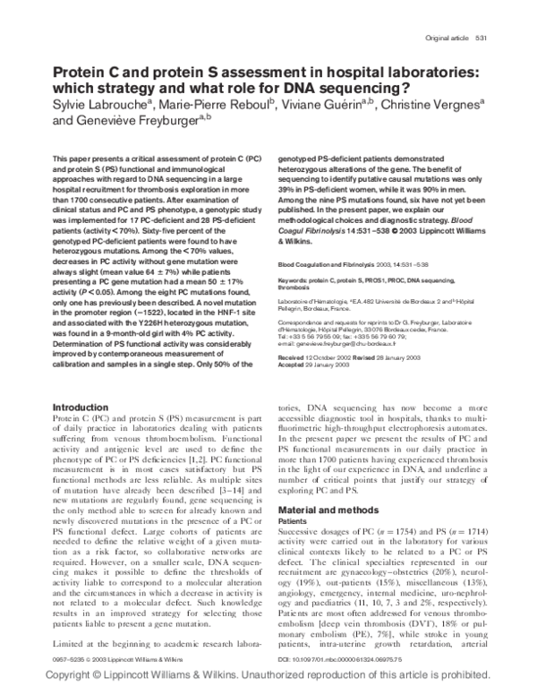 (PDF) Protein C and protein S assessment in hospital laboratories
